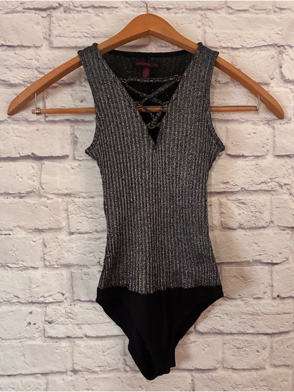 Material Girl Y2K Metallic Ribbed Lace-Up Bodysuit in Silver and Black - XS
